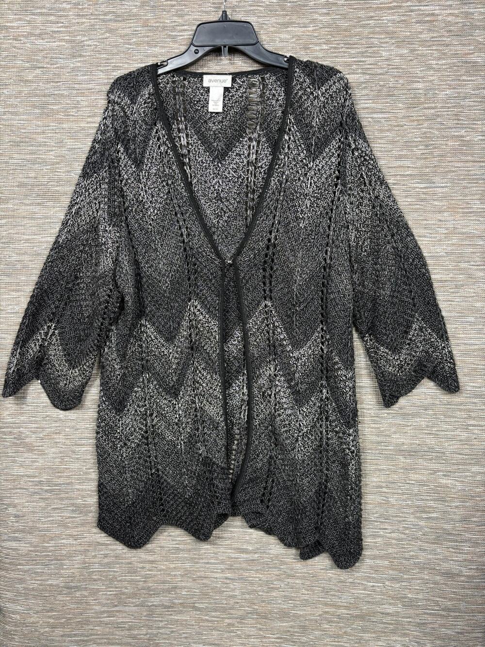 Avenue Cardigan Sweater Womens 18/20 Black Open Knit Chevron Dolman Sleeve